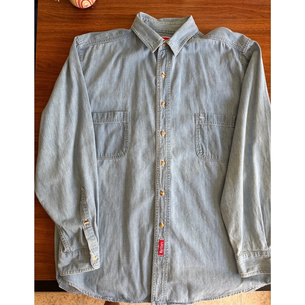 Vintage Marlboro Country Store Denim Shirt Mens Large Light Wash Made in USA